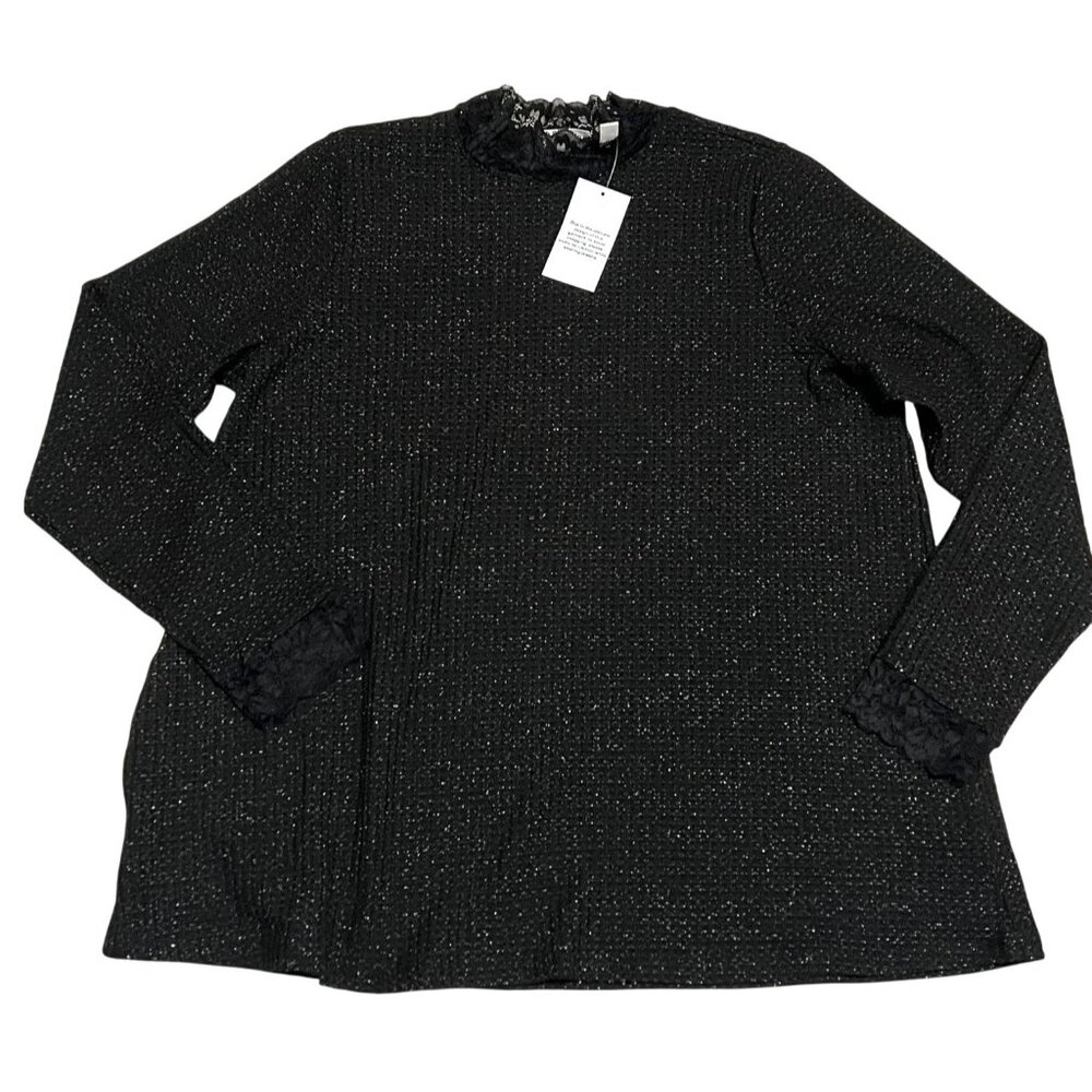 Logo Lori Goldstein Womens Lace Trim Sweater Top L Black Recycled Polyester